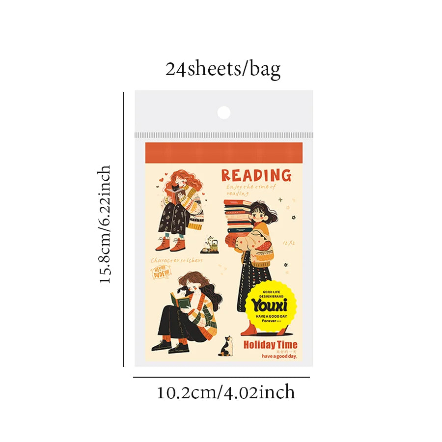 24PCS Holiday Time Sticker Book – Dual Material Kawaii Character & Scenery DIY Scrapbook Set