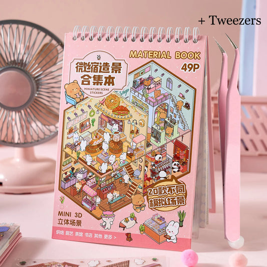 3D Mini Scene Sticker Book – 49 Pieces + Tweezers | DIY Stress Relief Craft Kit