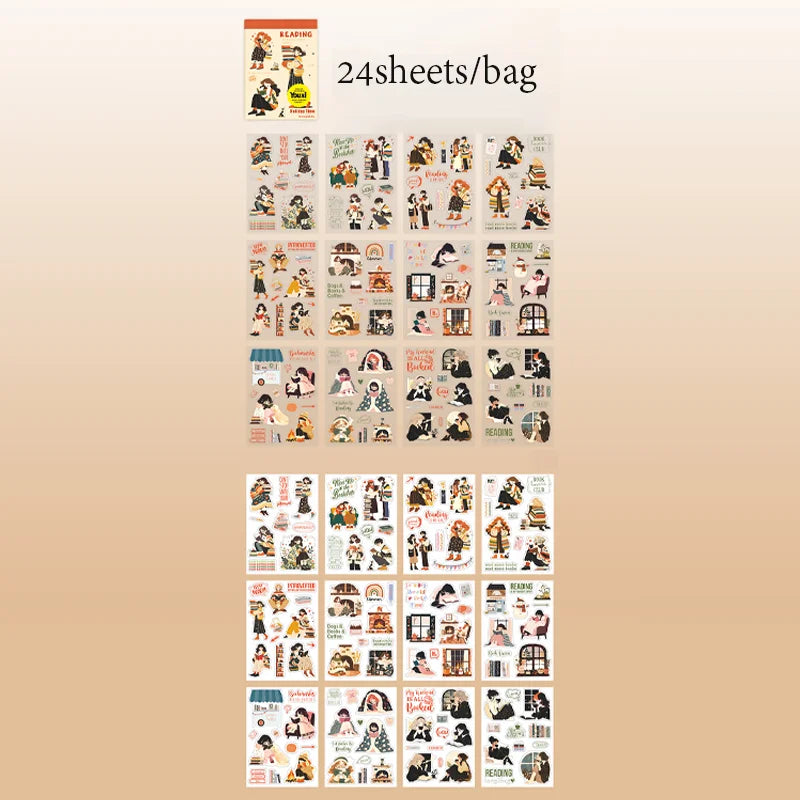 24PCS Holiday Time Sticker Book – Dual Material Kawaii Character & Scenery DIY Scrapbook Set